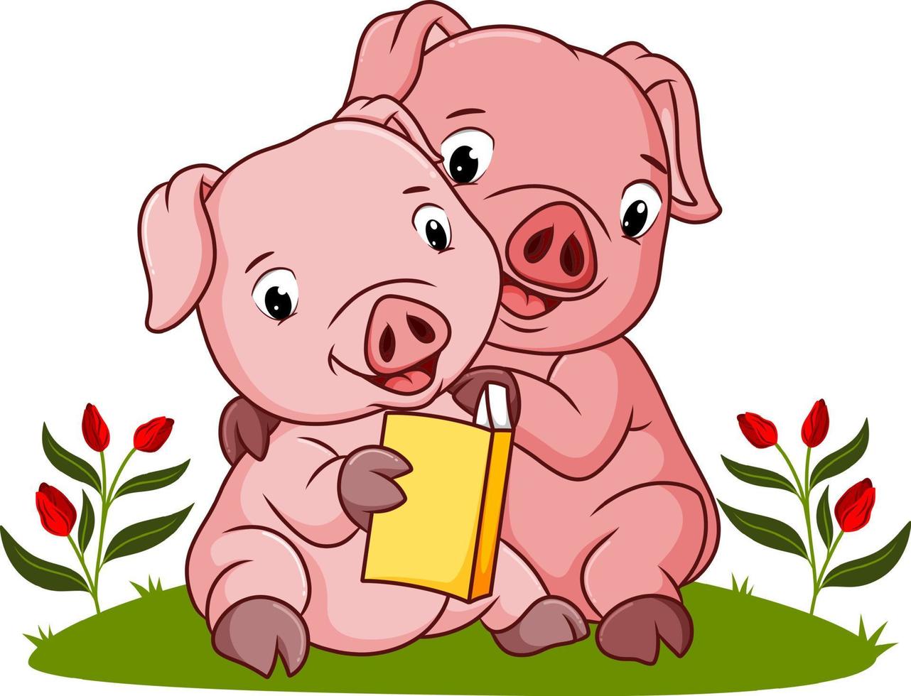 The two pigs are reading a book vector