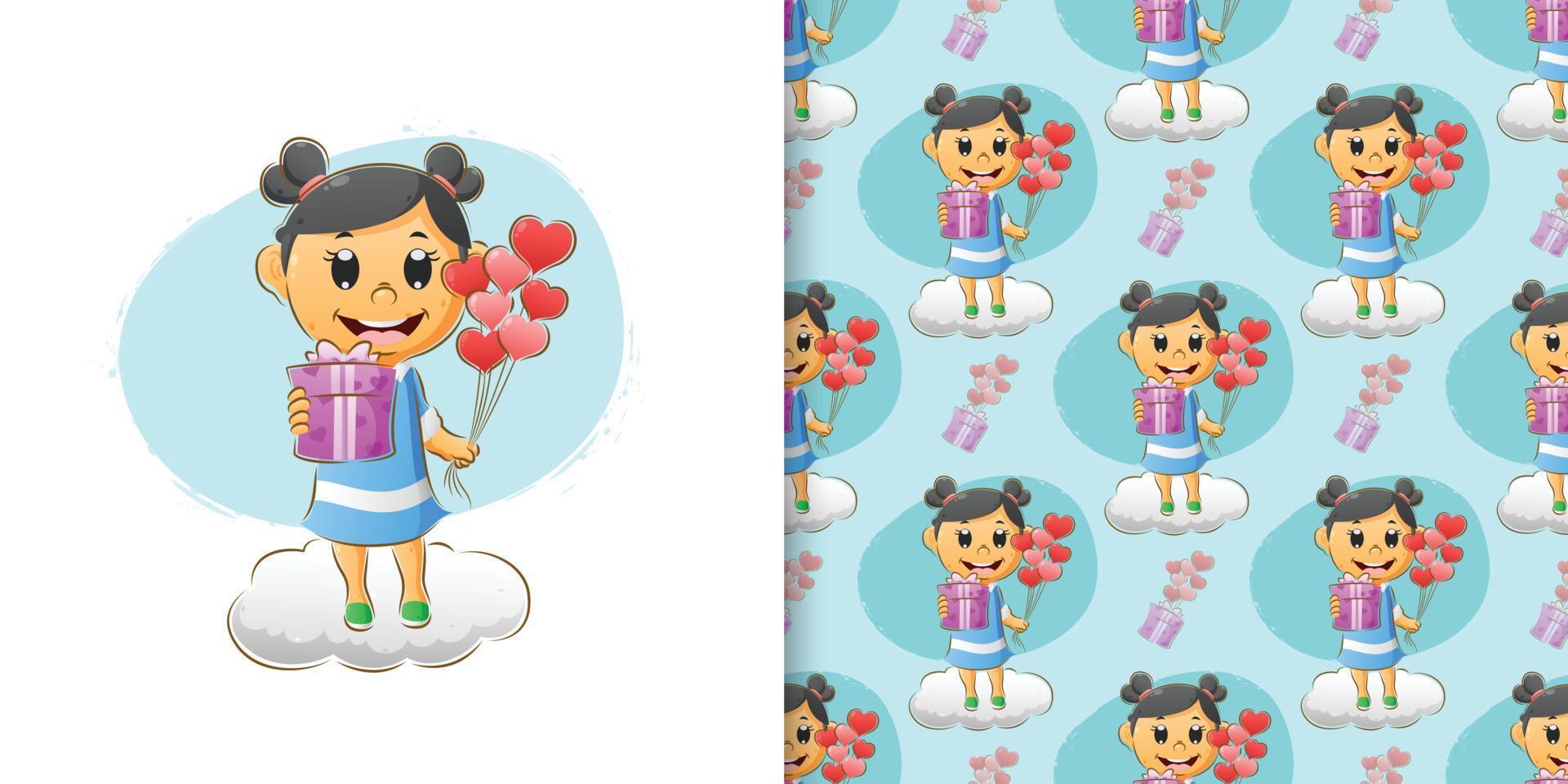 Cute girl celebrates the  valentine with the giving the gift and balloons vector