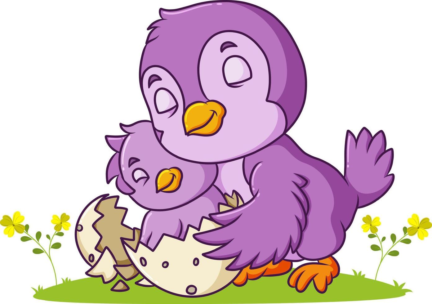 The bird is hugging the baby from the cracking eggs vector