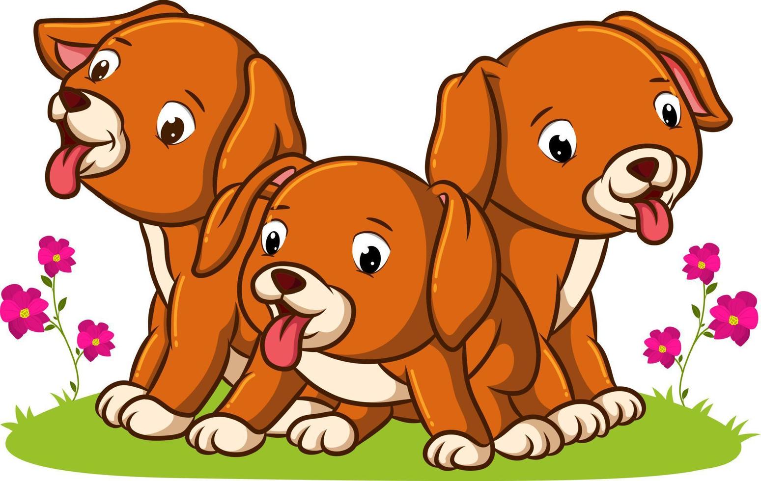 The puppies are playing and sitting on the grass vector