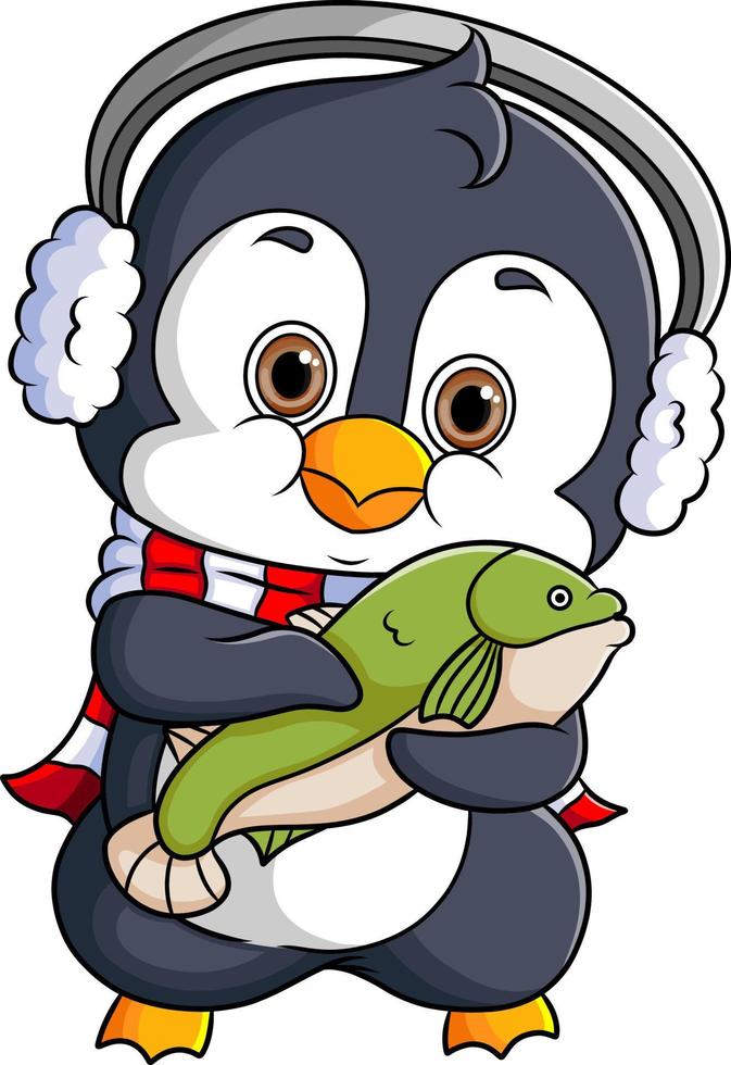 The cute penguin is happy and holding a fish vector