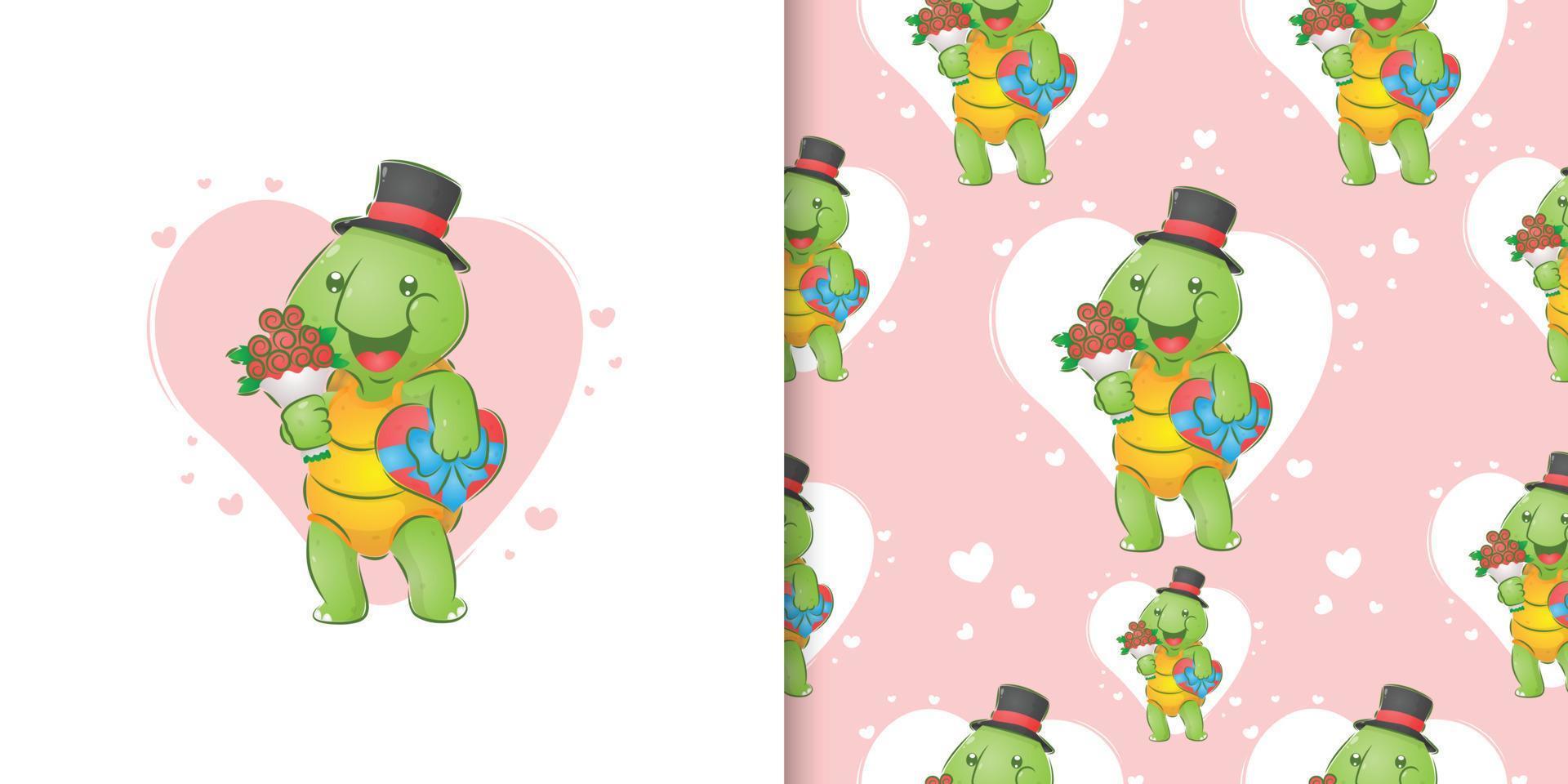 The turtle with the hat is holding the bucket of flowers and a gift love vector