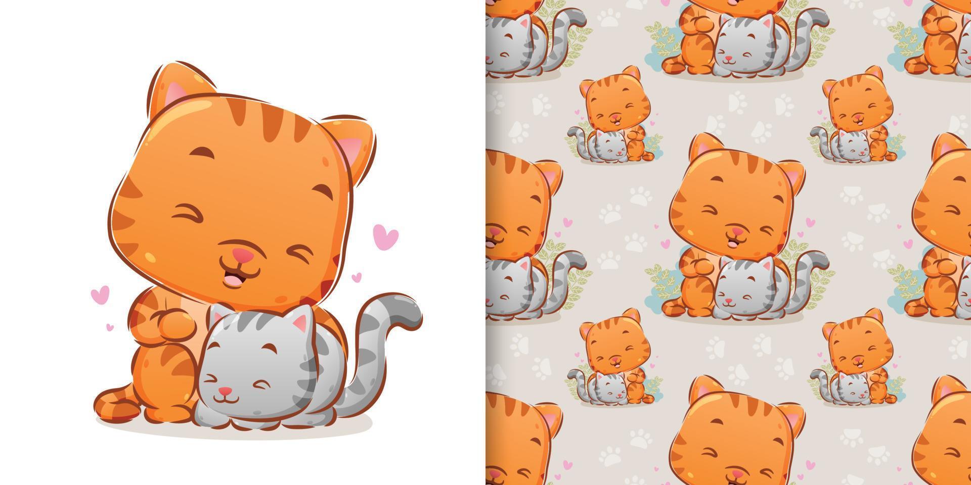 The hand drawn of the cats playing together with the love around them vector