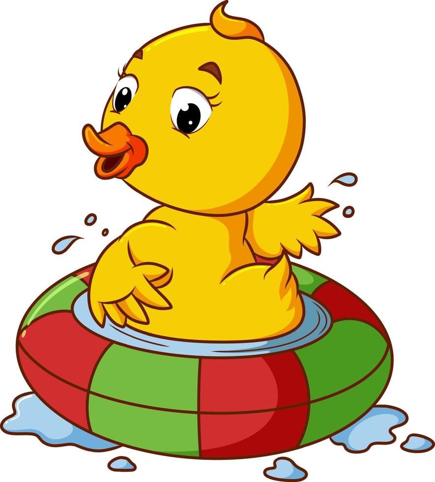 The duck is swimming with the tire on the pond vector