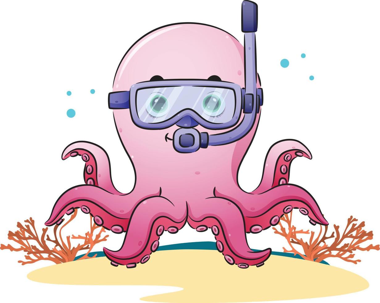 The cute octopus is diving with the swimming goggles vector
