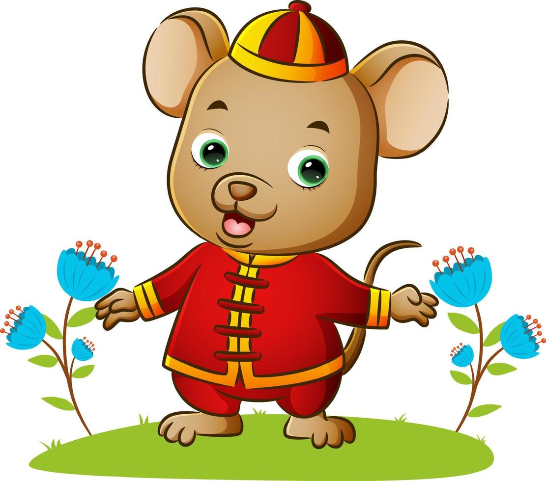 The happy mouse is wearing the traditional chinese costume vector