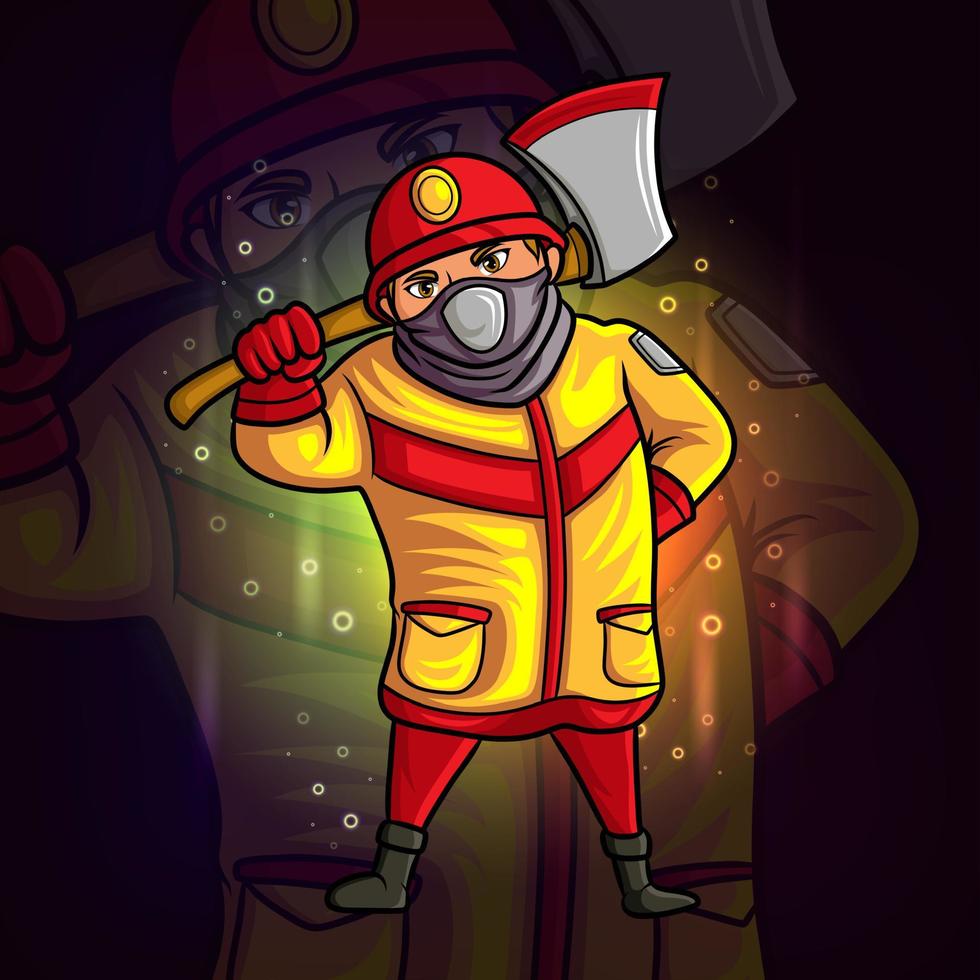 The fireman with the big axe esport mascot design vector