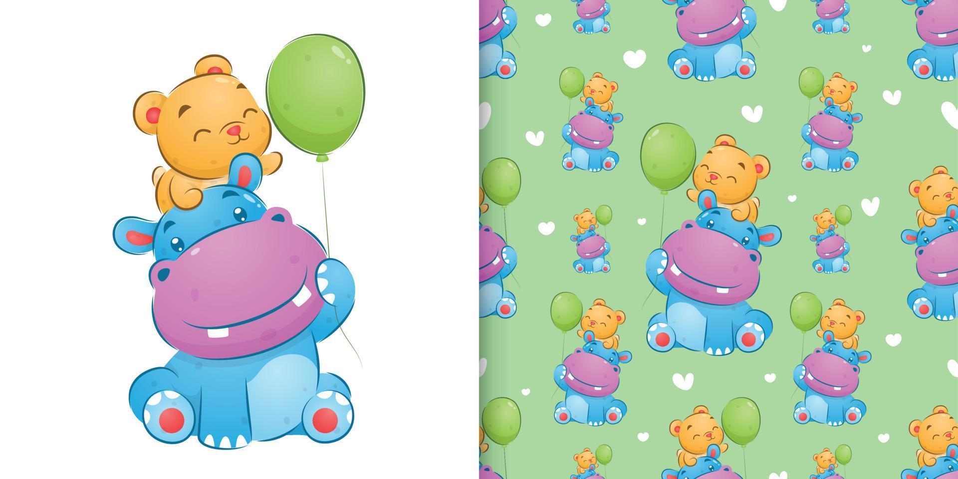 The colored cute hippopotamus and bear is playing with the balloons vector