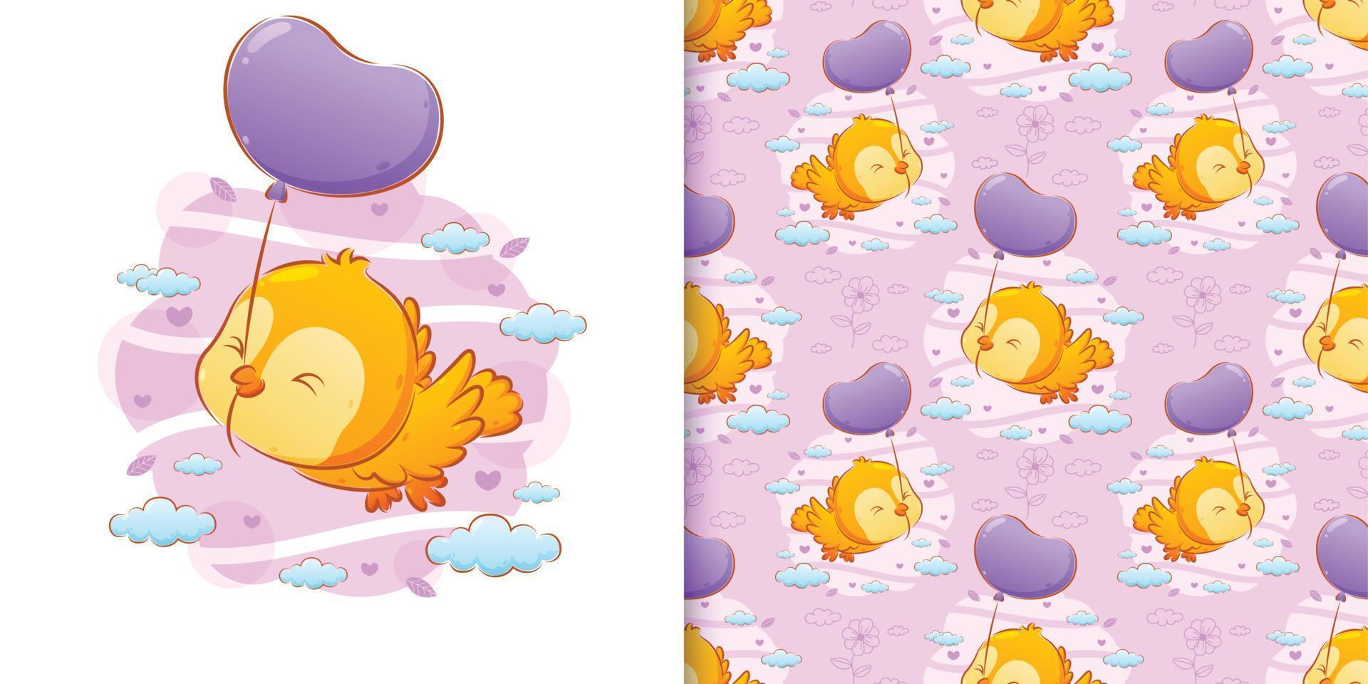 The seamless hand drawing of the bird biting the rope of the balloons in the sky vector