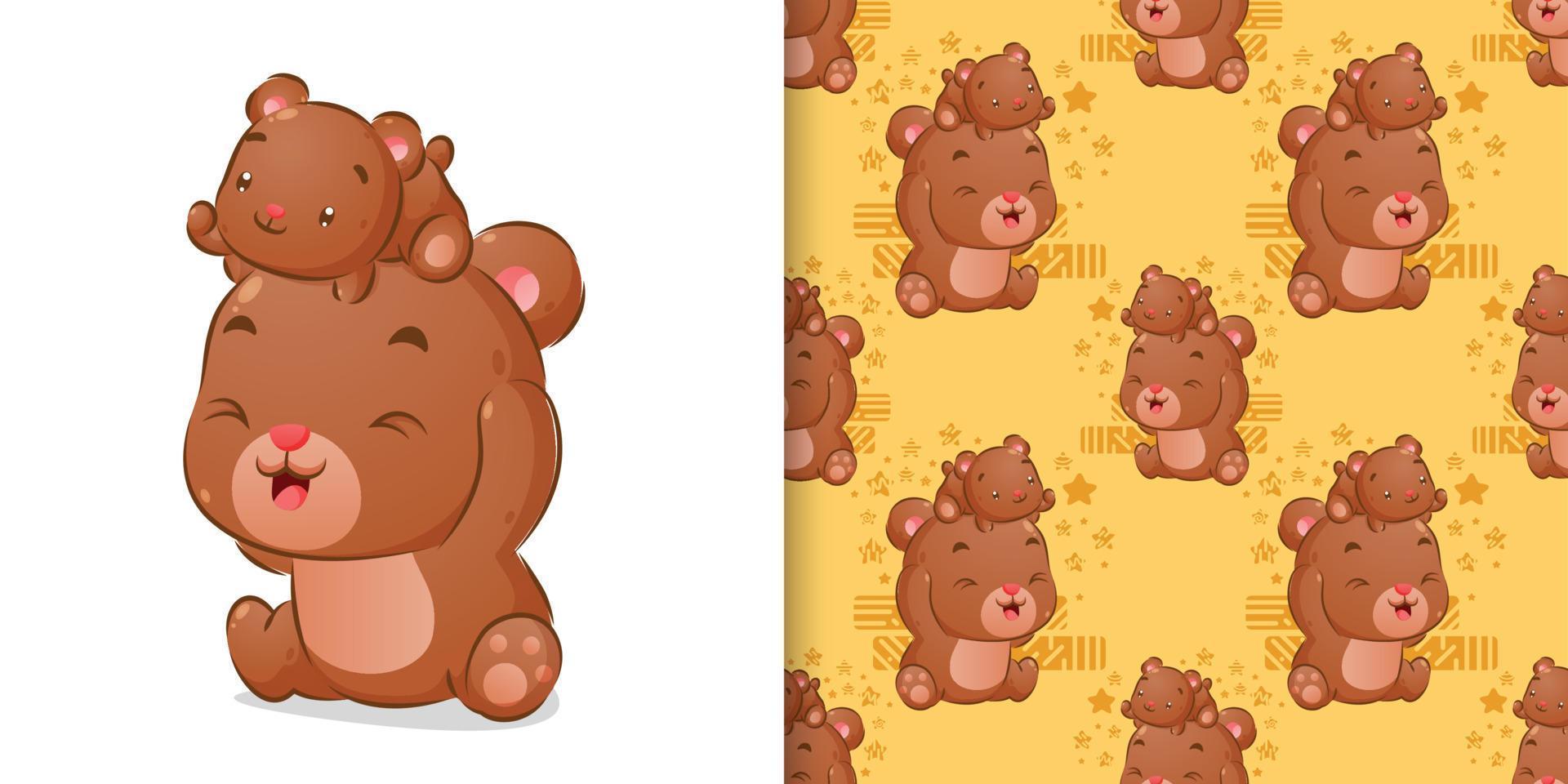 The colored hand drawing of the two bears playing together in the seamless pattern set vector