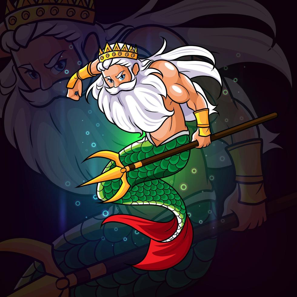 The mermaid of poseidon with trident esport logo design vector