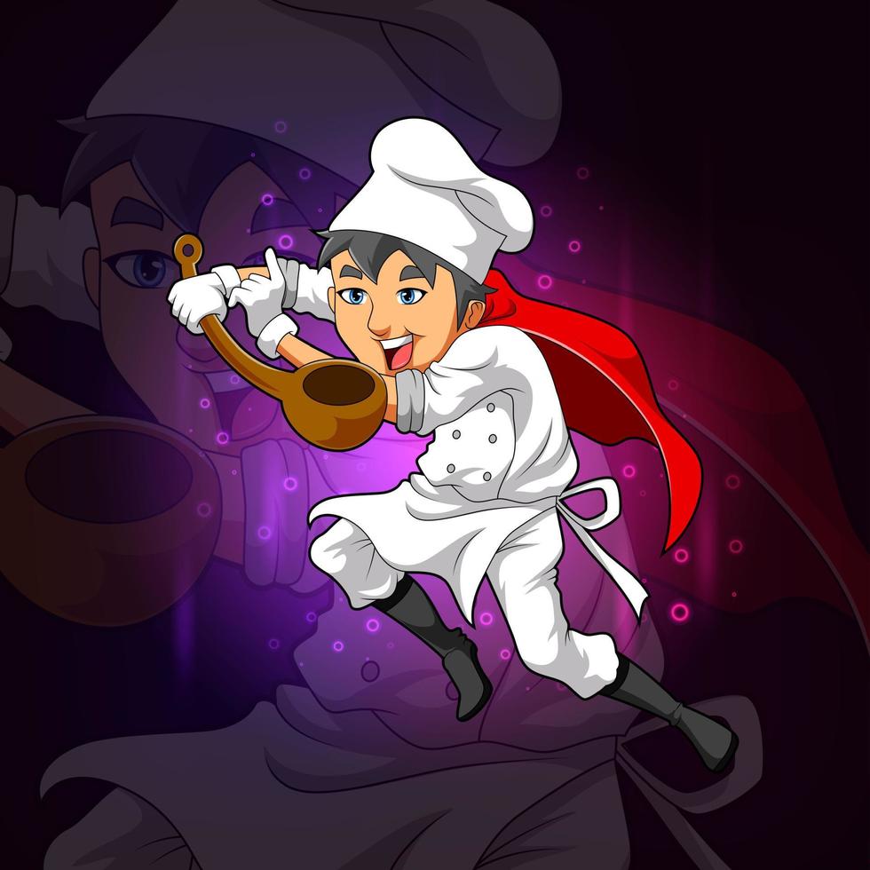 The cool chef is holding the wooden ladle for esport logo design vector