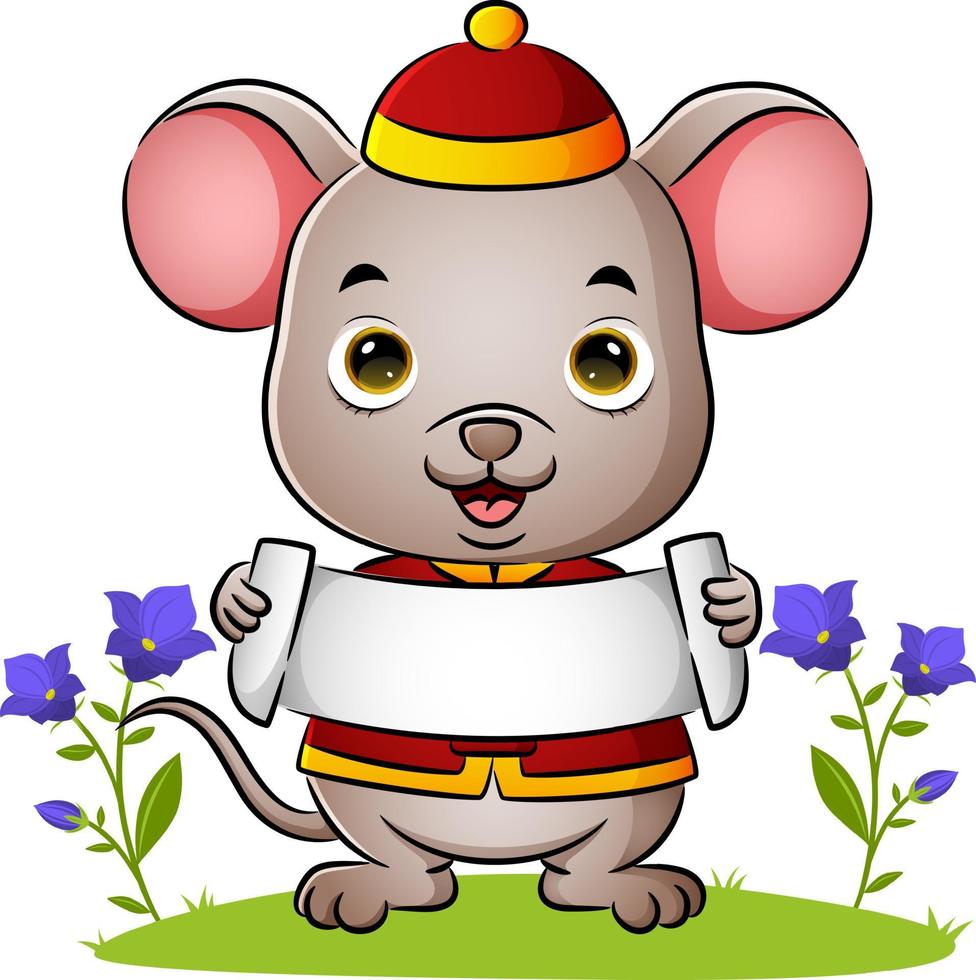 The cute chinese mouse is holding the blank banner vector