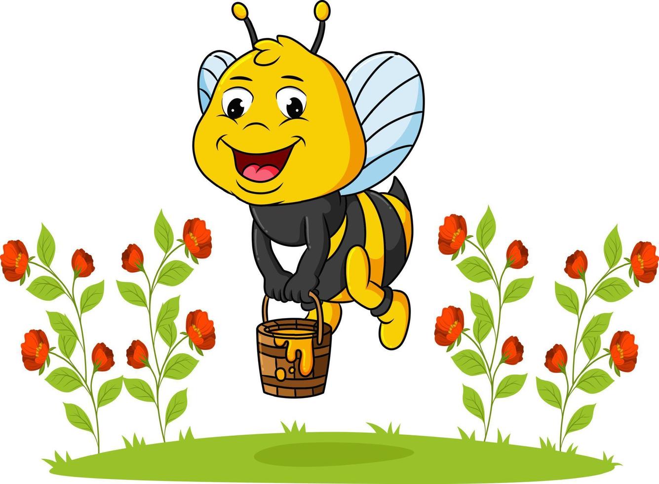 las abejas están volando y sosteniendo un cubo de miel vector