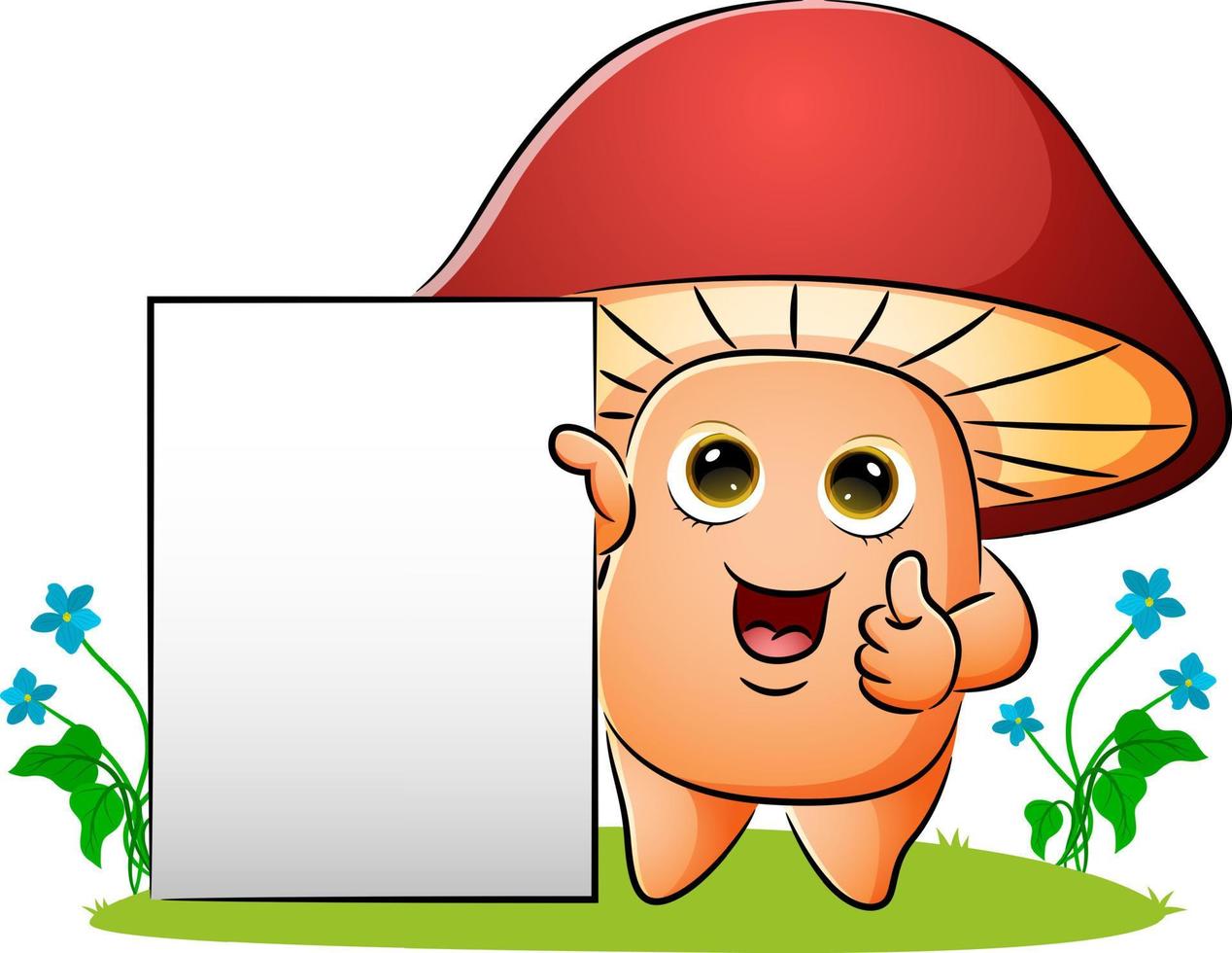 The mushroom with the blank board is giving the thumb up vector