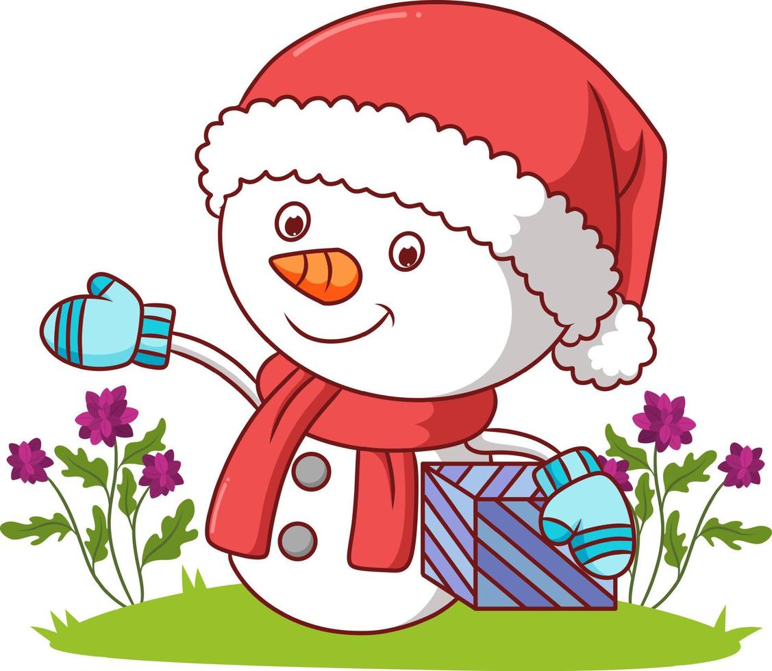 The snowman with the santa hat is holding a gift vector