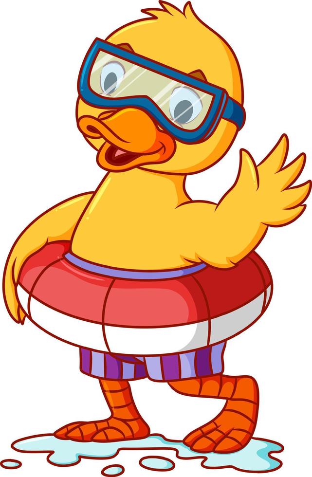 The duck is using the swimming tire and goggles vector