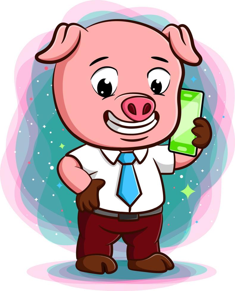 Successful pig  businessman holding cell phone vector