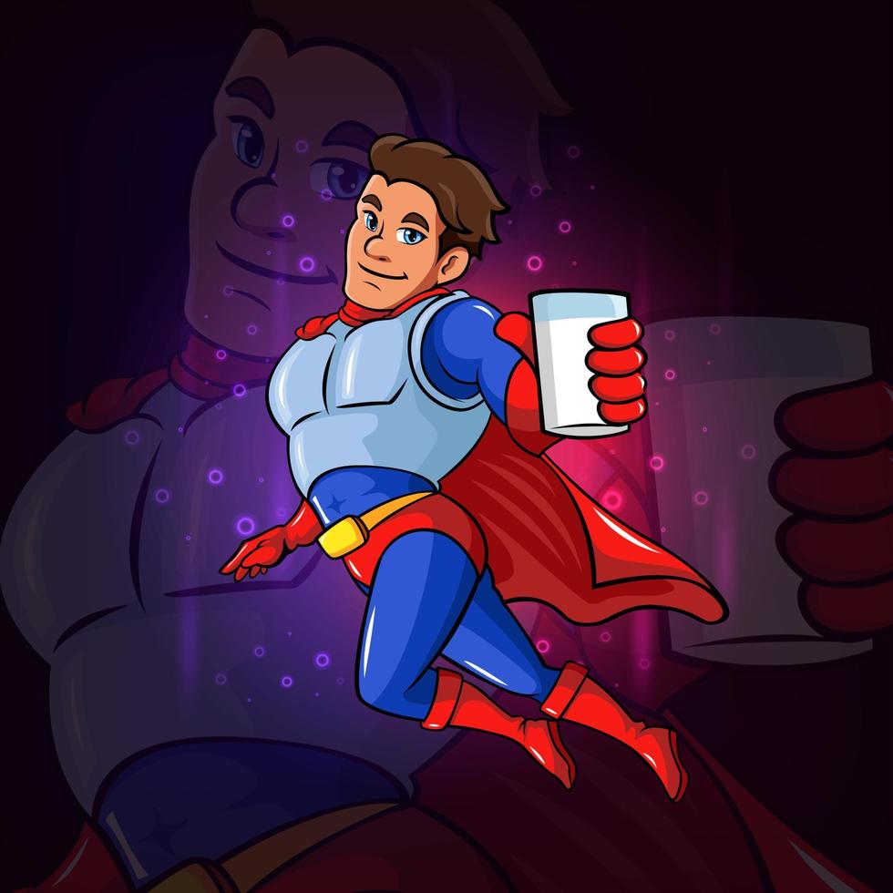 The cool superhero with glass full of milk for esport logo design vector