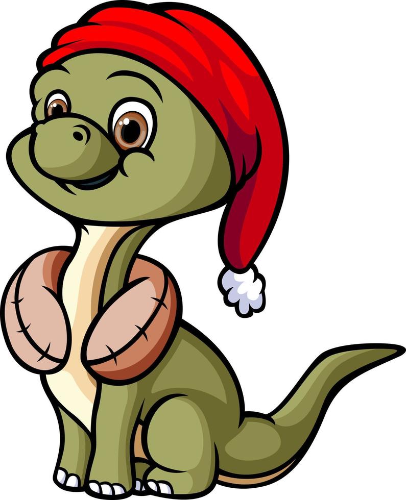 The brontosaurus is wearing the santa hat and neck pillow vector