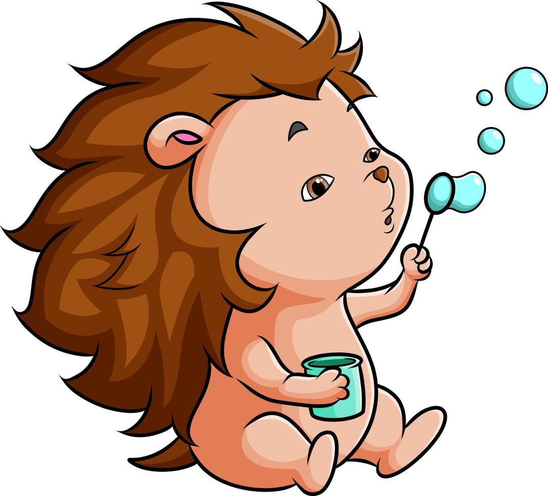 The little hedgehog is blowing the bubble soap vector