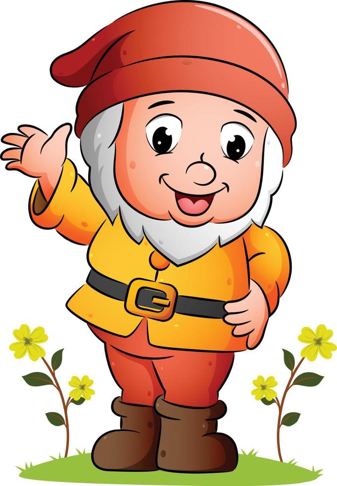The happy dwarf is waving and smiling in the garden vector