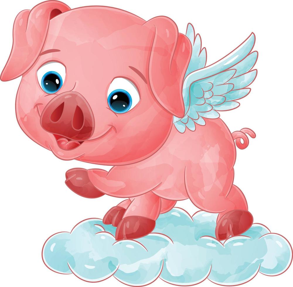 The angel pig with the little wings is flying with the magic cloud vector
