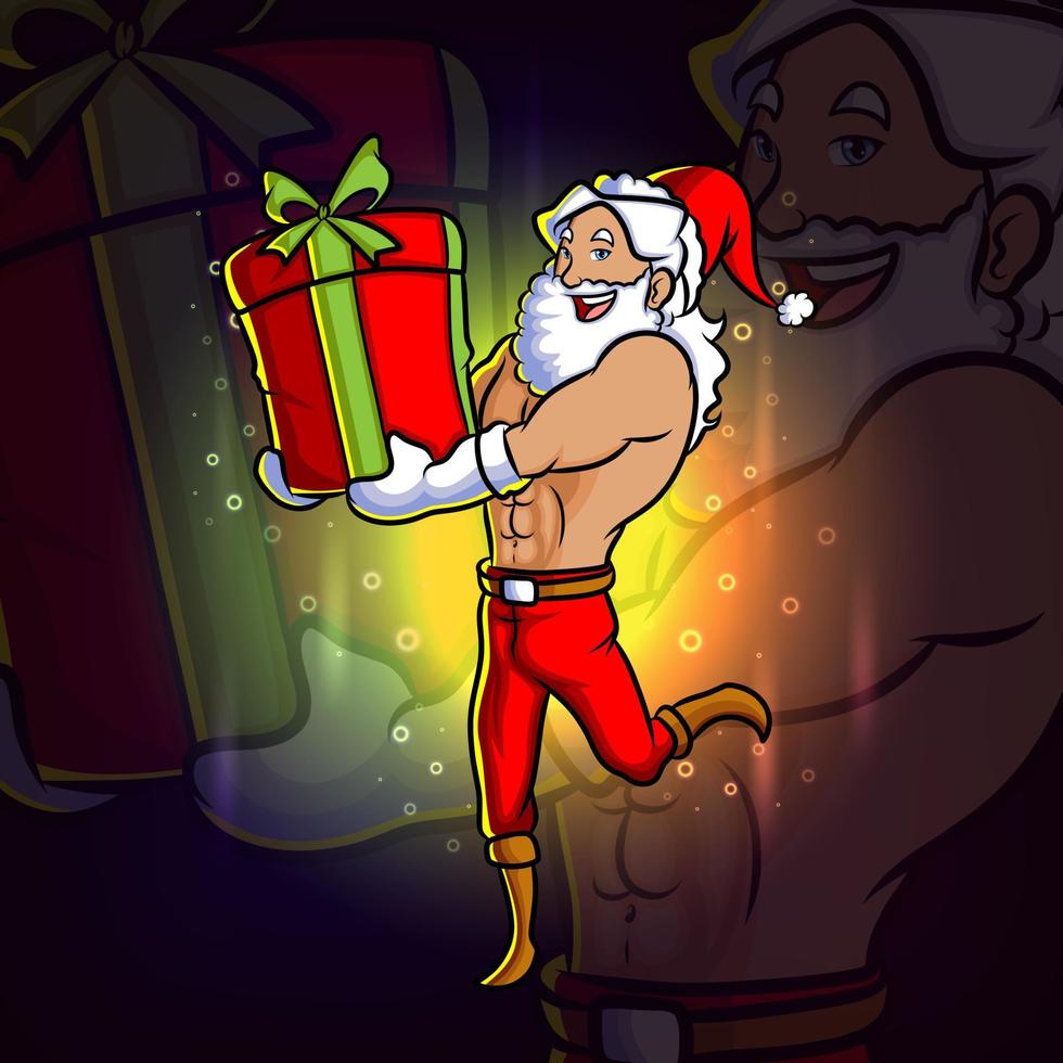 The cool santa with the big gift esport logo design vector