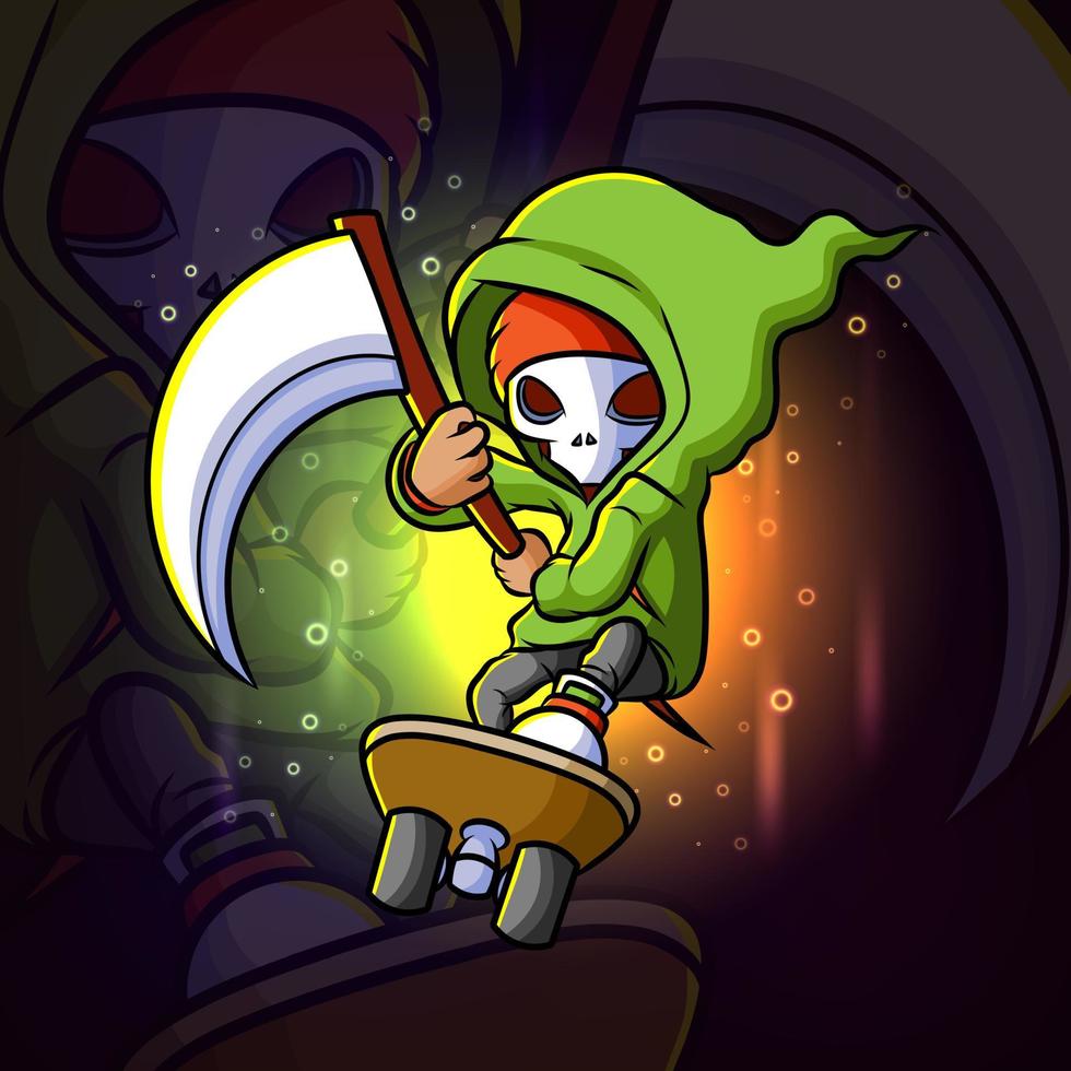 The grim reaper with the scythe plays the skateboard esport mascot design vector