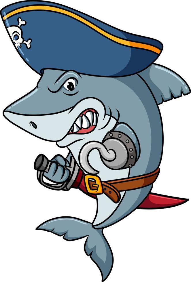 The pirate shark is angry and hold a sword with hook vector