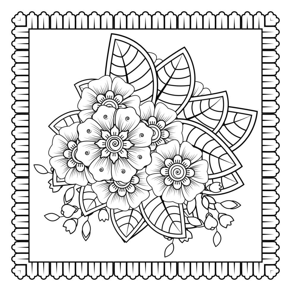 flor mehndi para henna, mehndi, tatuaje, decoración. adorno decorativo en estilo étnico oriental, adorno de doodle, dibujo a mano de contorno. página de libro para colorear. vector