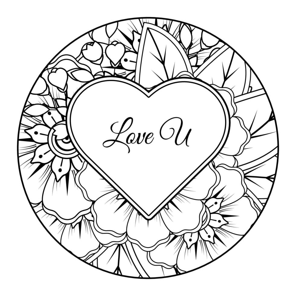 Mehndi flower with frame in shape of heart. decoration in ethnic oriental, doodle ornament. vector