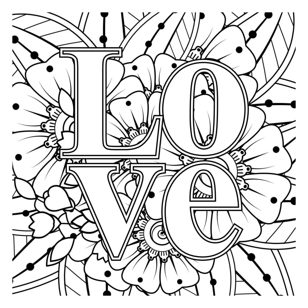 palabras de amor con flores mehndi para colorear página de libro doodle adorno vector