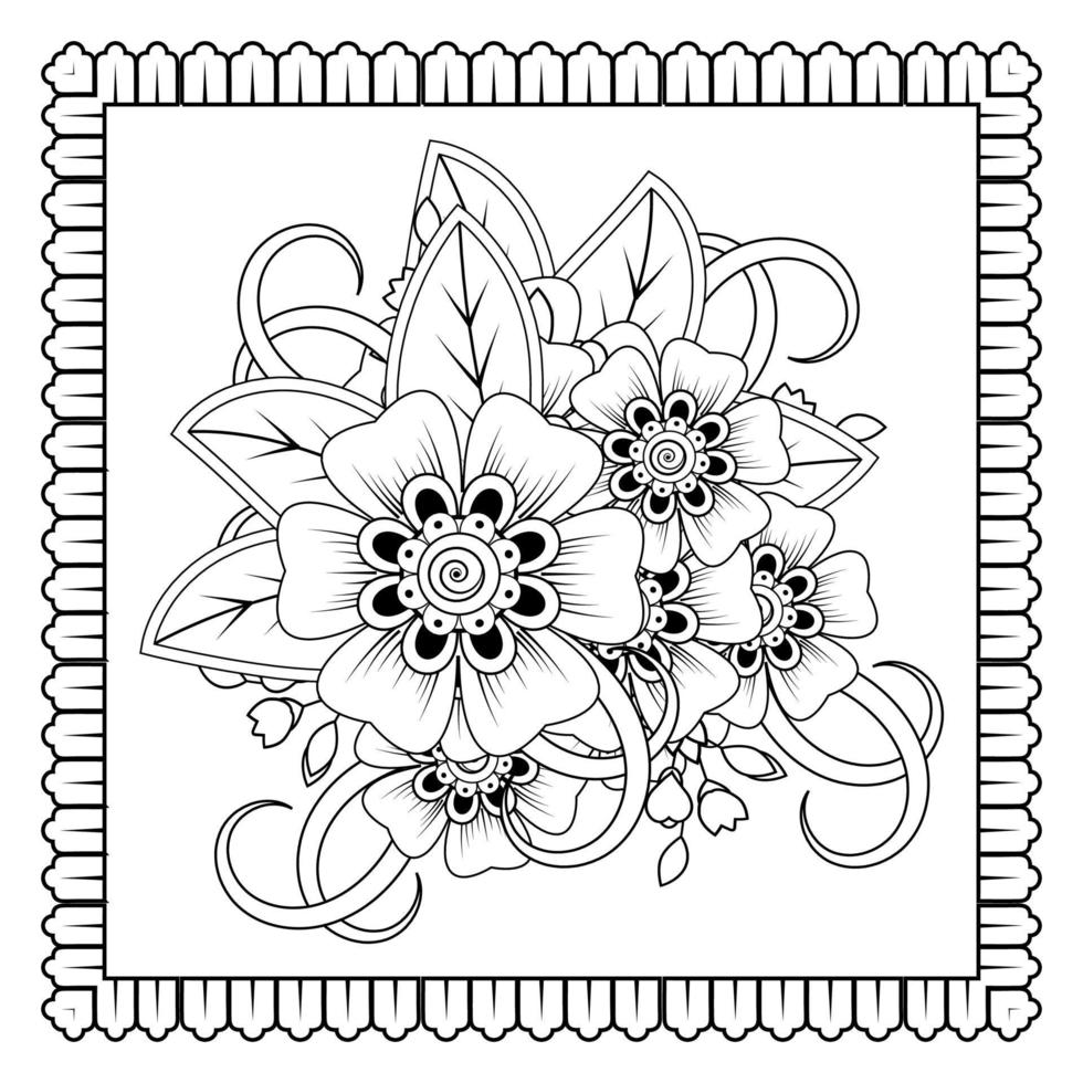 flor mehndi para henna, mehndi, tatuaje, decoración. adorno decorativo en estilo étnico oriental, adorno de doodle, dibujo a mano de contorno. página de libro para colorear. vector