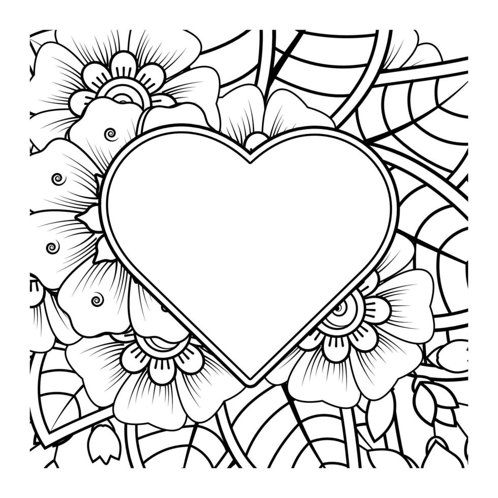 Mehndi flower with frame in shape of heart. decoration in ethnic oriental, doodle ornament. vector