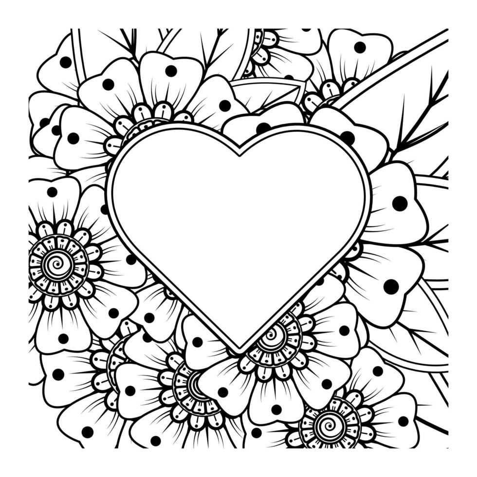 Mehndi flower with frame in shape of heart. decoration in ethnic oriental, doodle ornament. vector