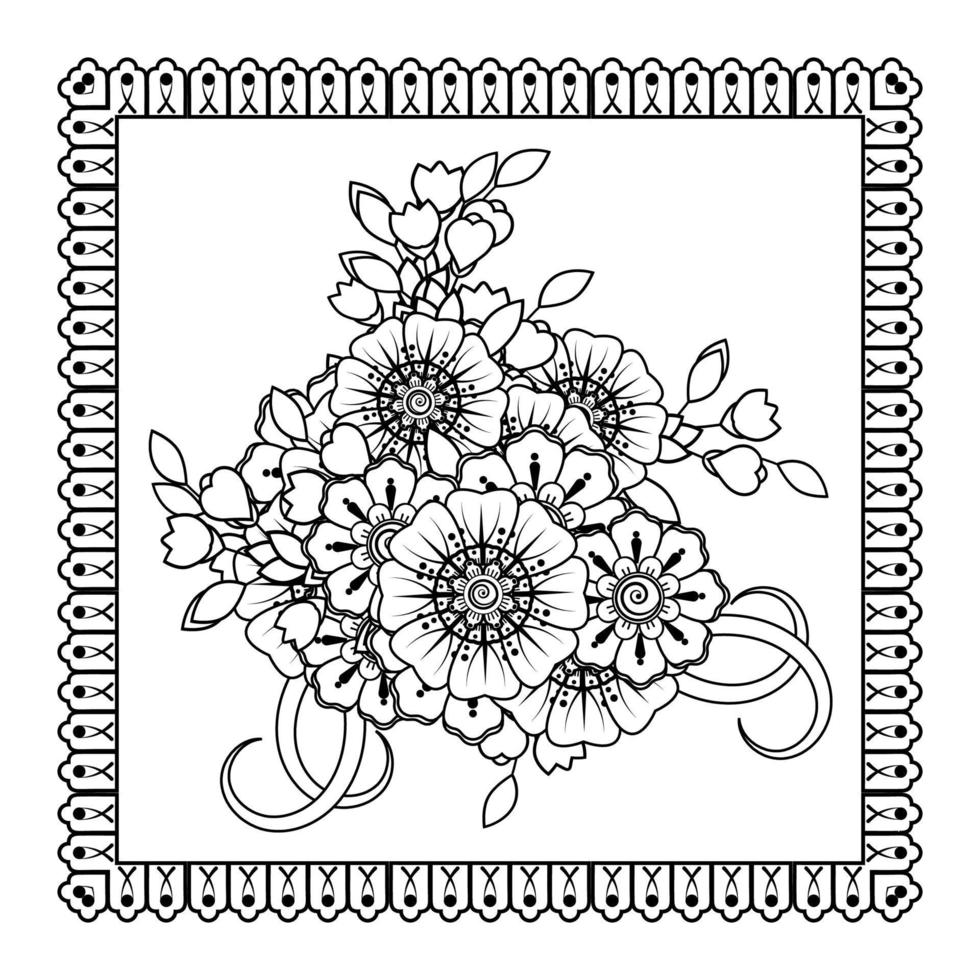 flor mehndi para henna, mehndi, tatuaje, decoración. adorno decorativo en estilo étnico oriental, adorno de doodle, dibujo a mano de contorno. página de libro para colorear. vector