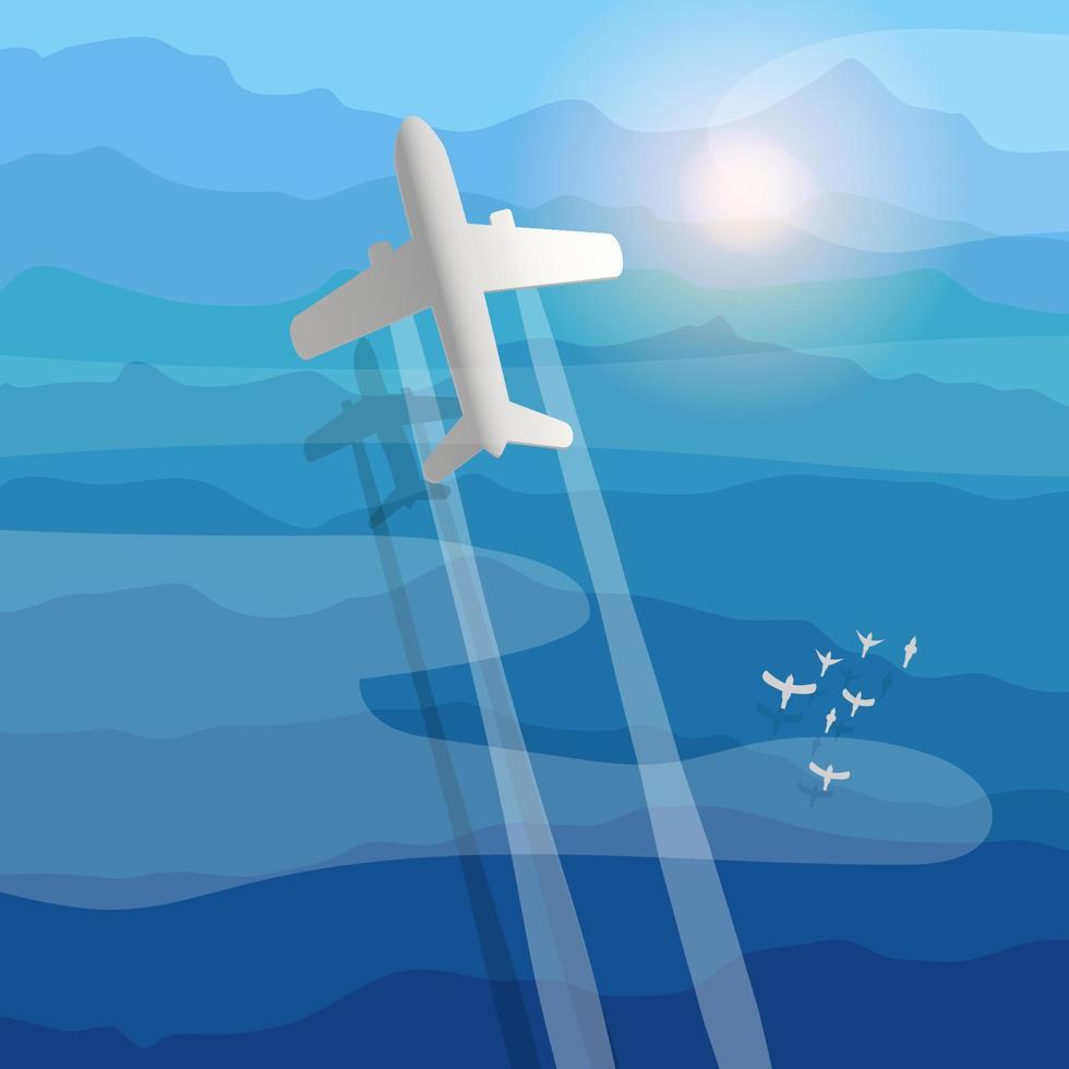 Top view of airplane flying over ocean with sun reflects on water surface beautifully vector