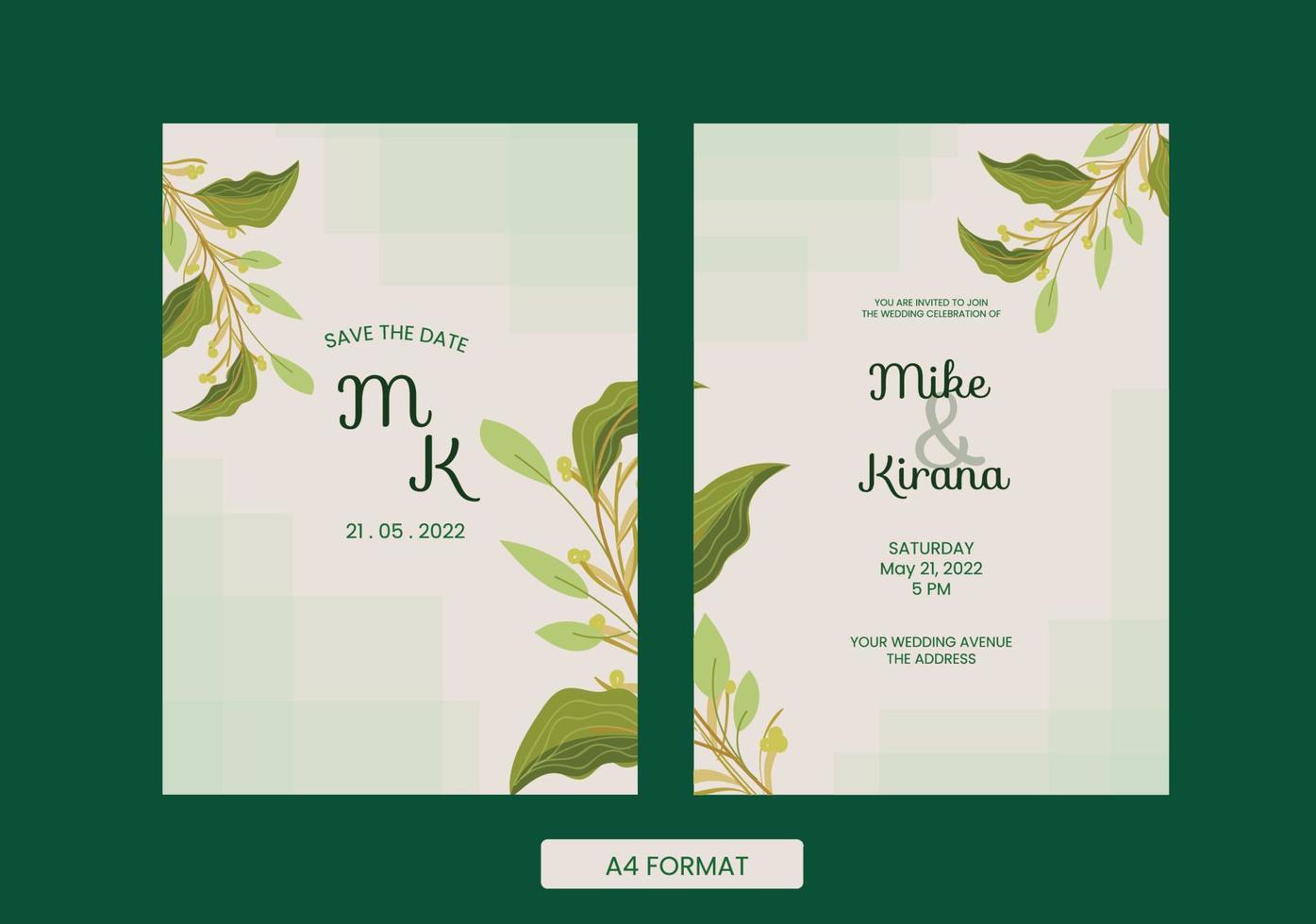 fresh green floral modern wedding invitation vector