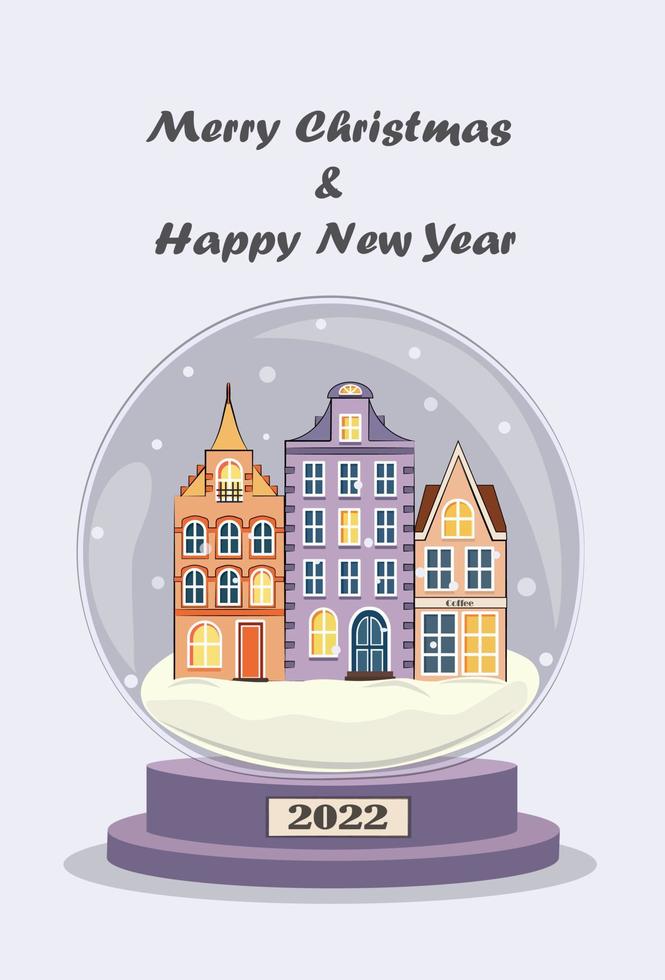 Feliz navidad y próspero año nuevo 2022 postal para las vacaciones de año nuevo. Amsterdam nevado, países bajos. Casas famosas multicolores en una bola festiva de cristal vector