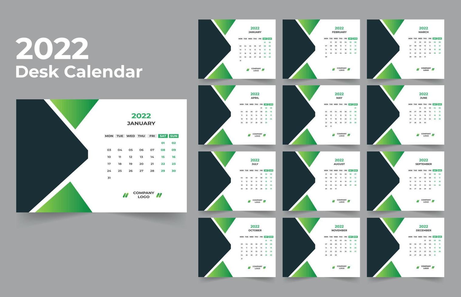 Desk Calendar template. The week start Monday on Sunday. Set of 12 Month. vector