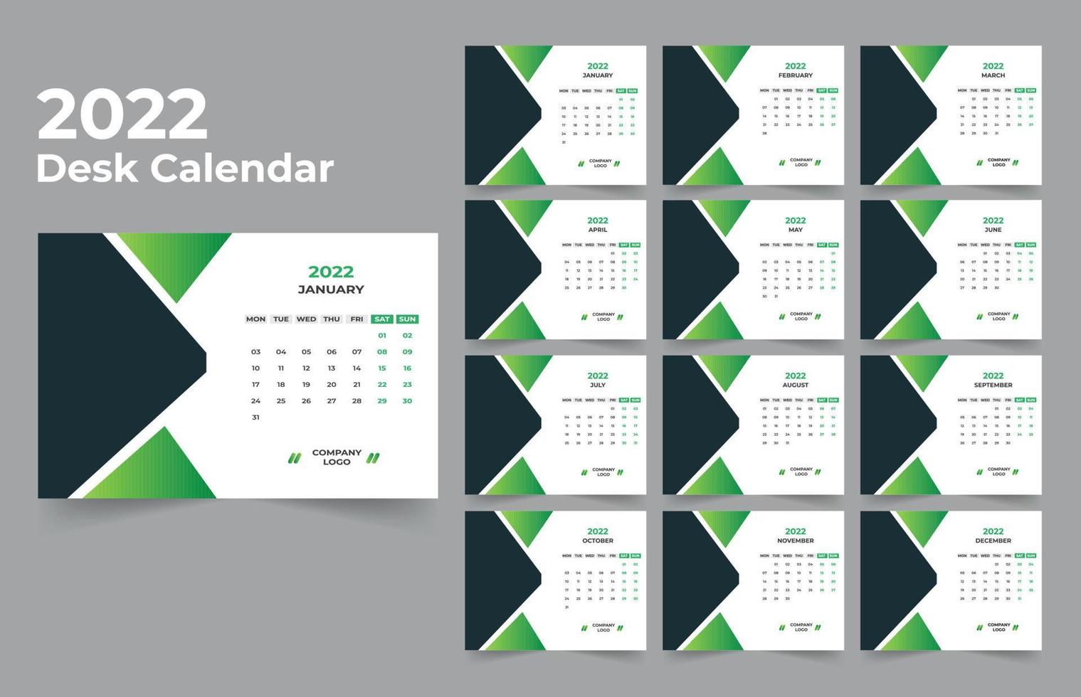 plantilla de calendario de escritorio. la semana comienza el lunes el domingo. juego de 12 meses. vector