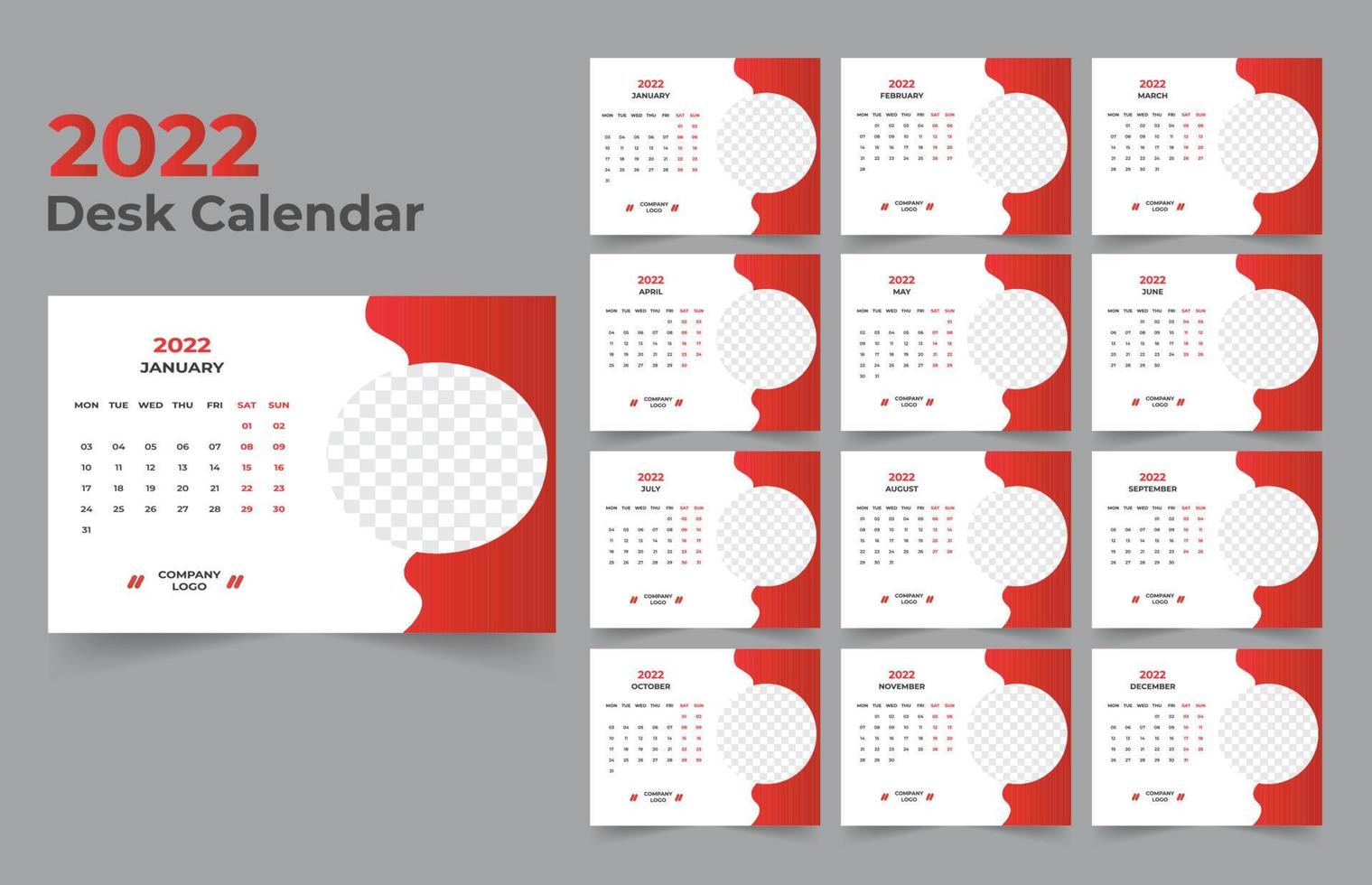 Desk Calendar template. The week start Monday on Sunday. Set of 12 Month. vector