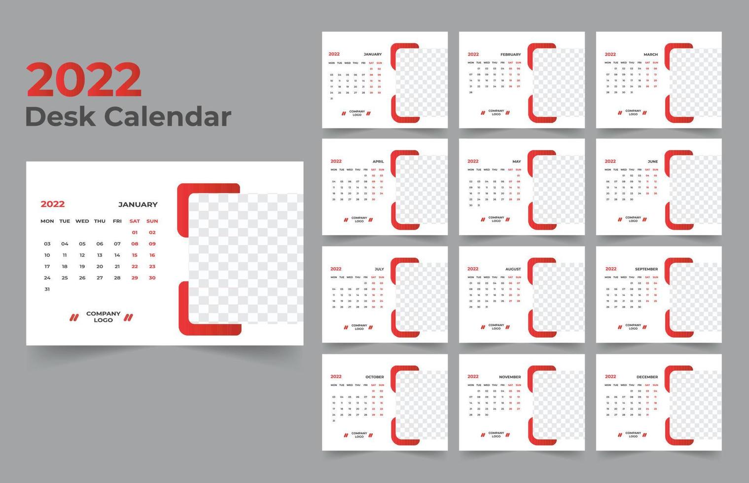 Desk Calendar template. The week start Monday on Sunday. Set of 12 Month. vector