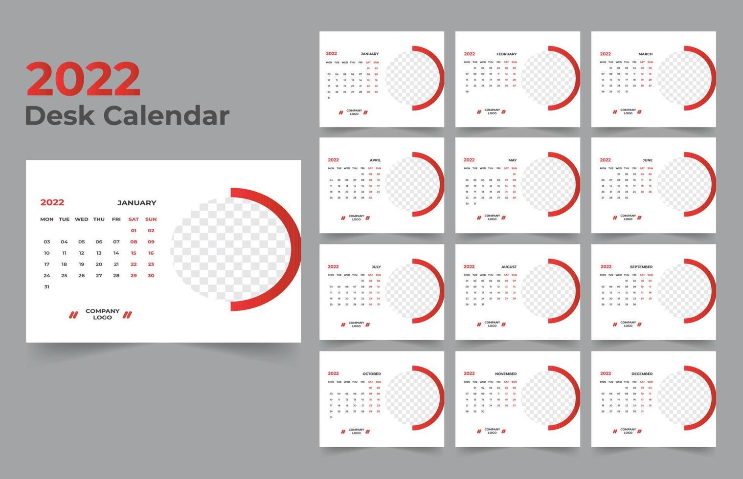 Desk Calendar template. The week start Monday on Sunday. Set of 12 Month. vector