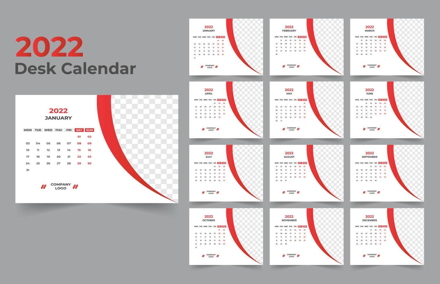 Desk Calendar template. The week start Monday on Sunday. Set of 12 Month. vector