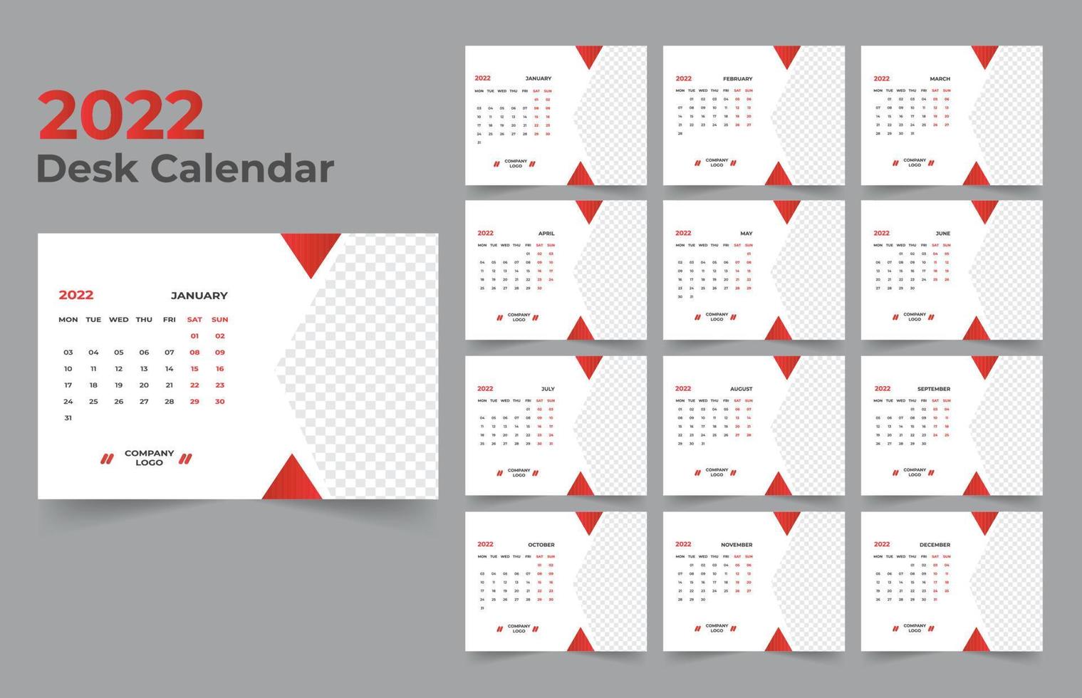 Desk Calendar template. The week start Monday on Sunday. Set of 12 Month. vector