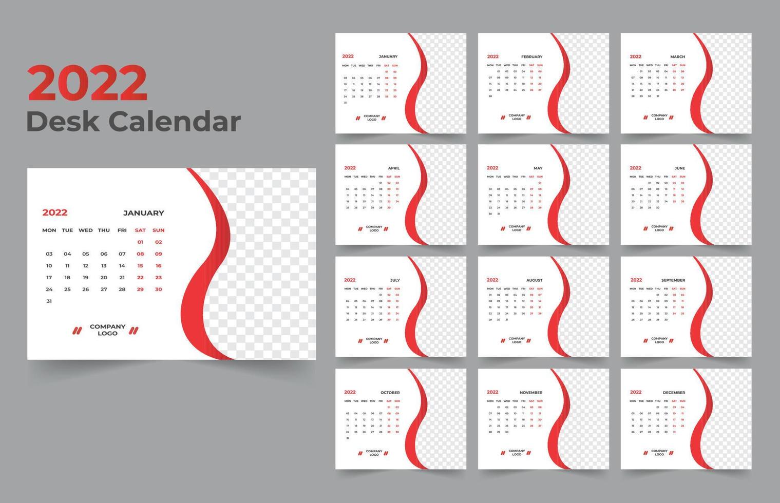 Desk Calendar template. The week start Monday on Sunday. Set of 12 Month. vector
