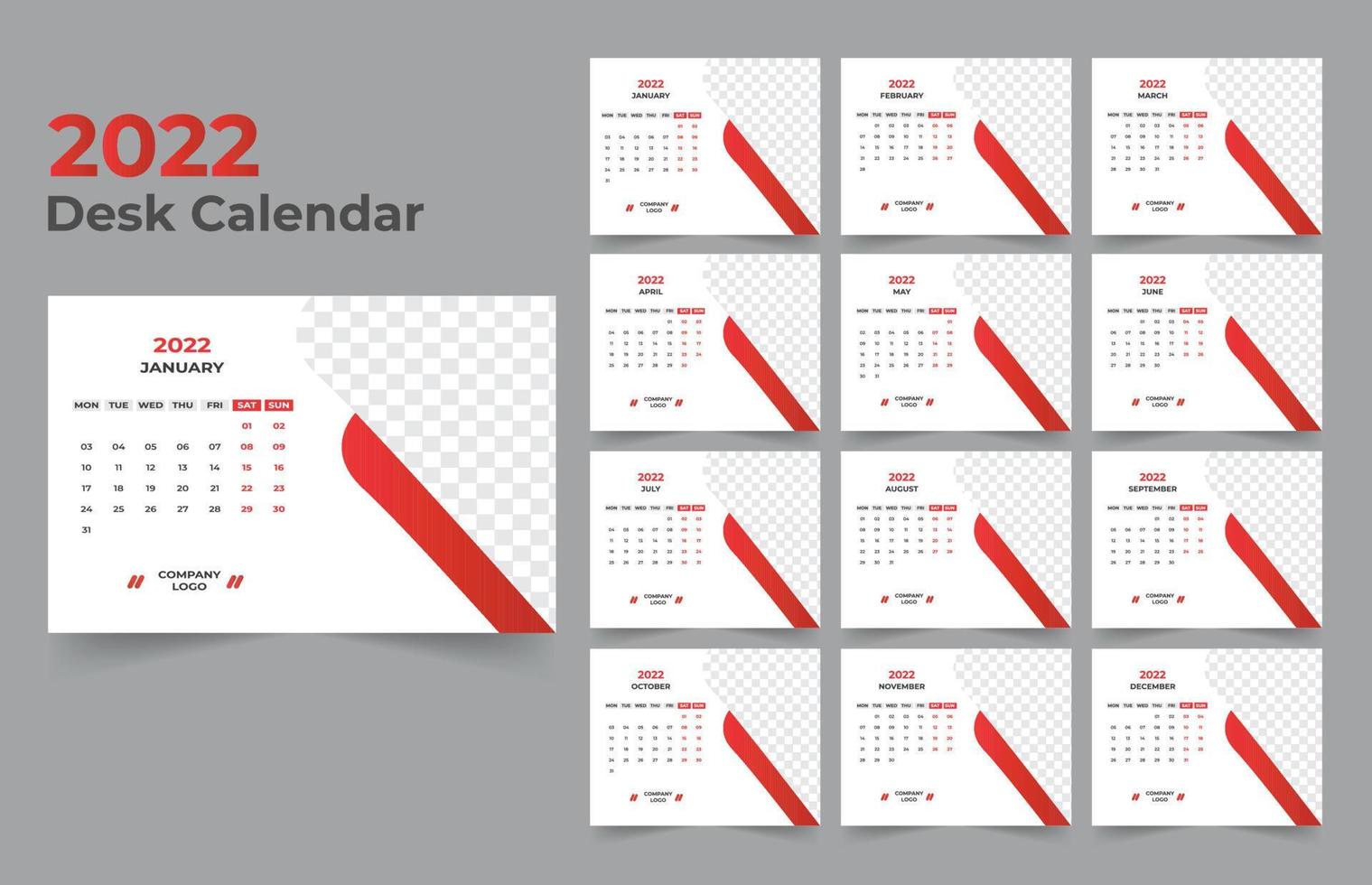 Desk Calendar template. The week start Monday on Sunday. Set of 12 Month. vector