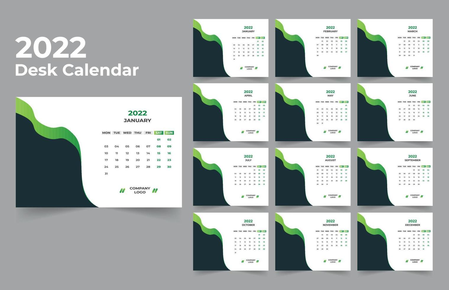 plantilla de calendario de escritorio. la semana comienza el lunes el domingo. juego de 12 meses. vector